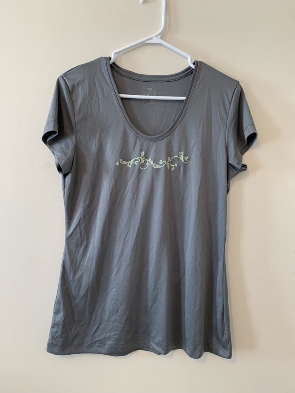Fila Gray Short Sleeve Scoop Neck Tee with Light Green Vine Motif